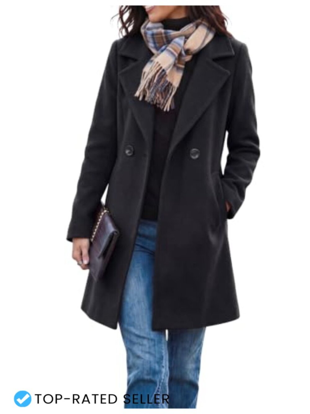 Wool Blend Long Pea Coat Notched Lapel Double Breasted Slim Fit